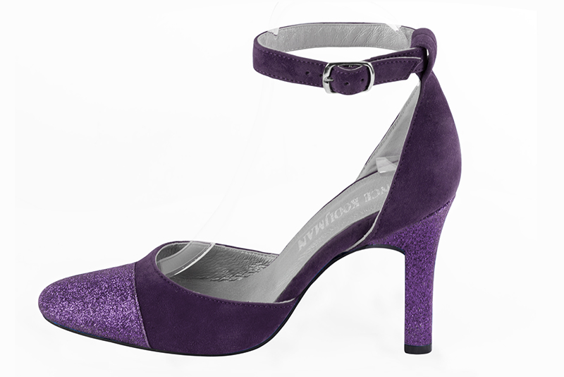 Amethyst purple women's open side shoes, with a strap around the ankle. Round toe. Very high kitten heels. Profile view - Florence KOOIJMAN